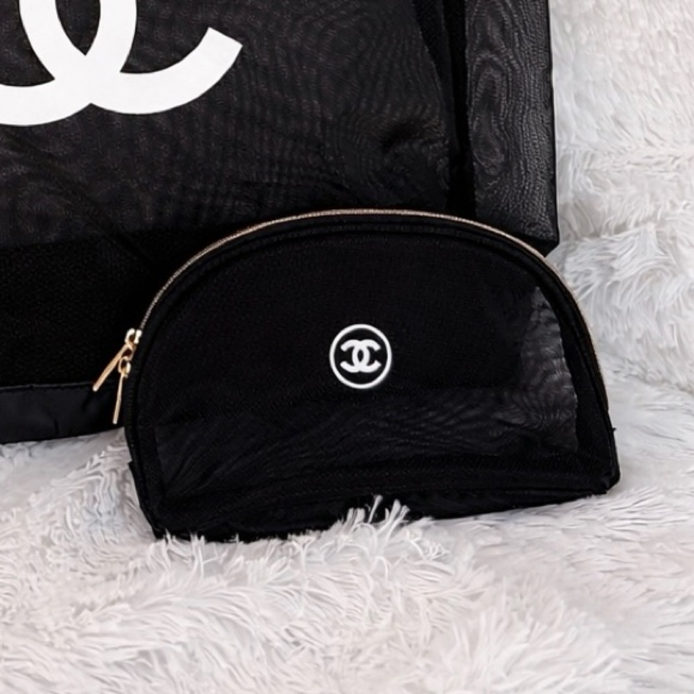 Chanel GWP Mesh Tote Bag with Makeup Pouch Set Black Beach Bag Large - Picture 3 of 8